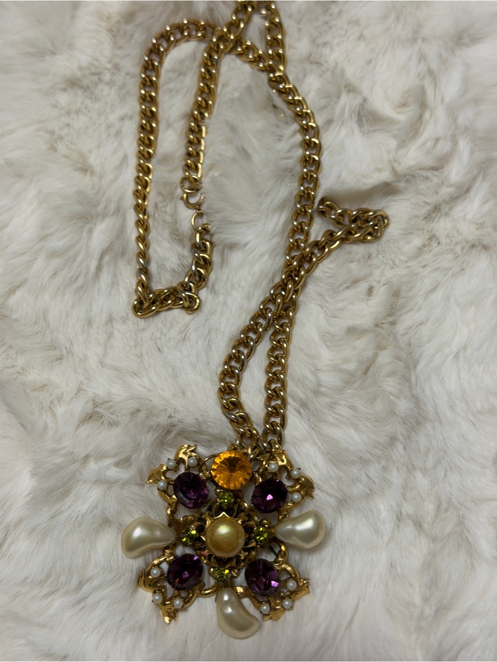 Gold-tone Floral Pendant Necklace with Purple and Amber Stones